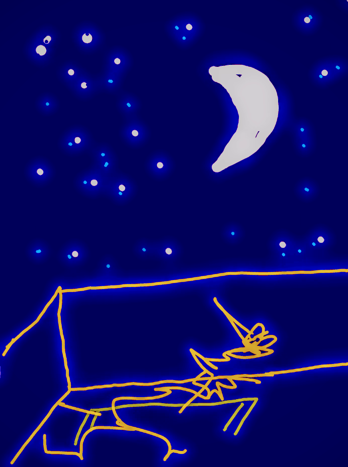 In a neon blue sky an orange stick figure looks up from a roofless bedroom under stars and a banana shaped white waxing moon.