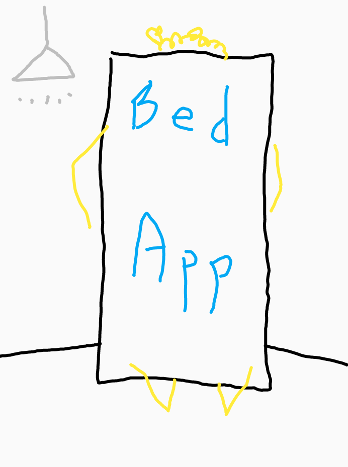 A bed in a room with ceiling lamp. Arms and legs appear from under the bed. On the blanket in handwritten letters, "Bed App."