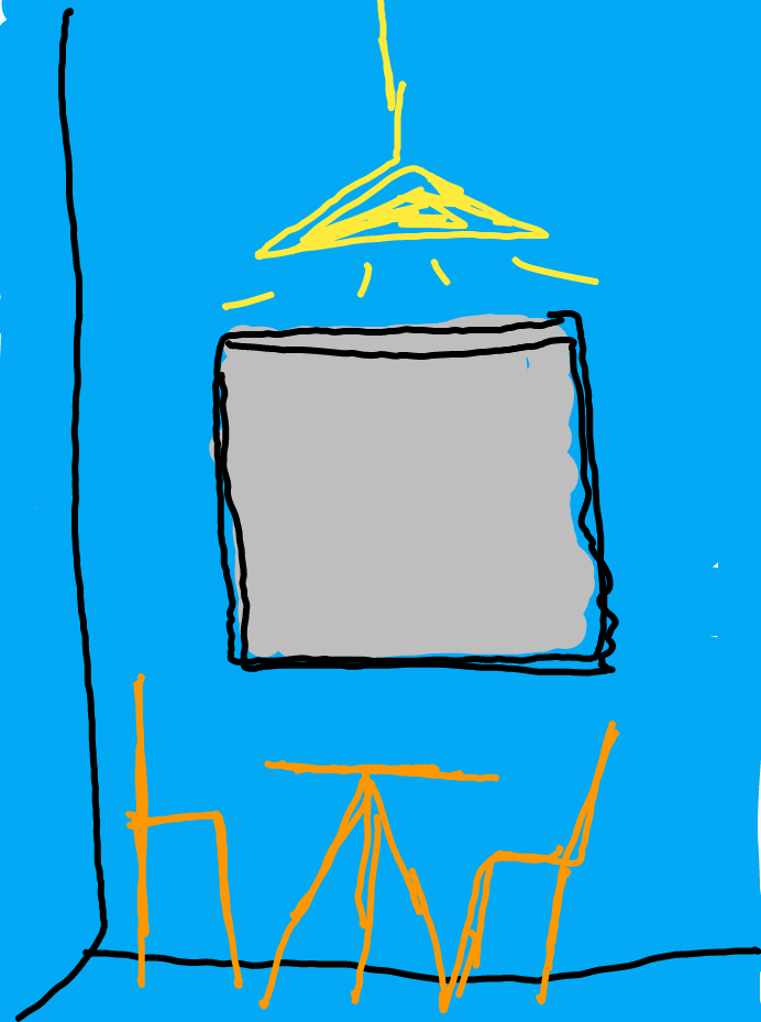 A table with two chairs in a bright blue-walled room lit by a yellow lamp hanging from the ceiling near a grey window.