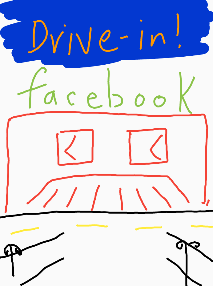 View from car in drive-in theater, up on the big screen the handwritten words: Drive-in facebook.